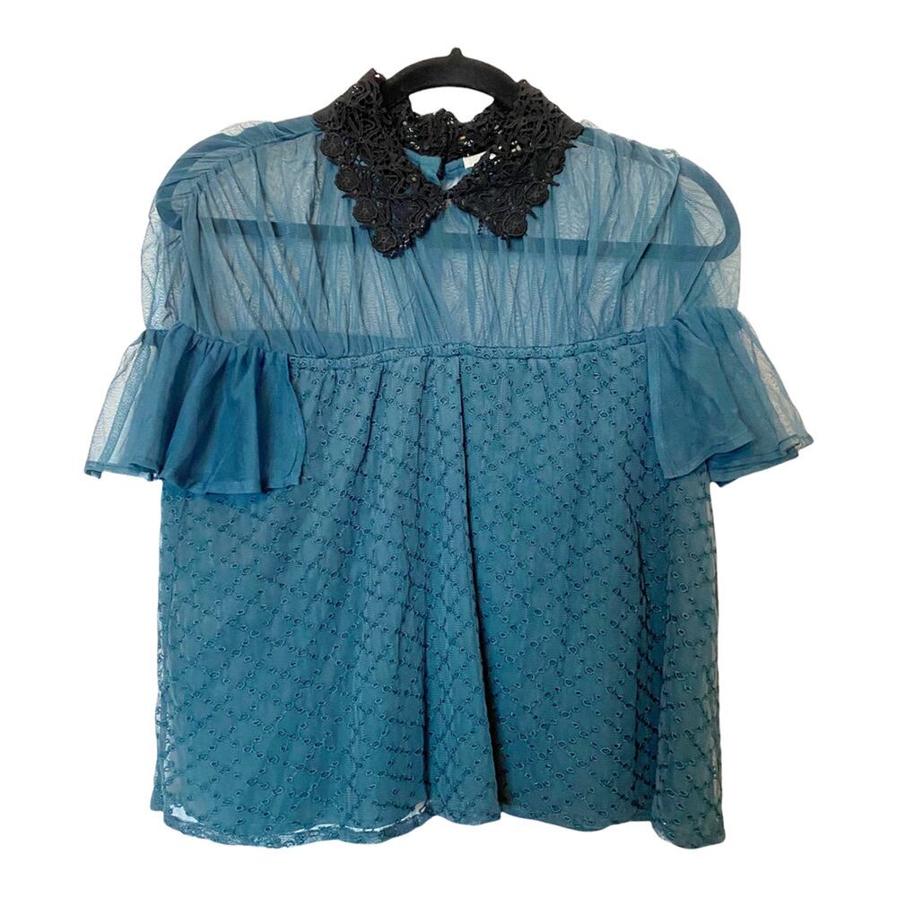 Tularosa Teal Textured Blouse Size XS Aritzia Dark Academia Sheer Tulle Lace